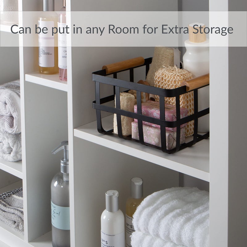 Simplify Square Metal Storage Basket with Bamboo Handles | Medium | Farmhouse Style Wire Basket | Home Organizer | Decorative | Rustic | Black - Image 3